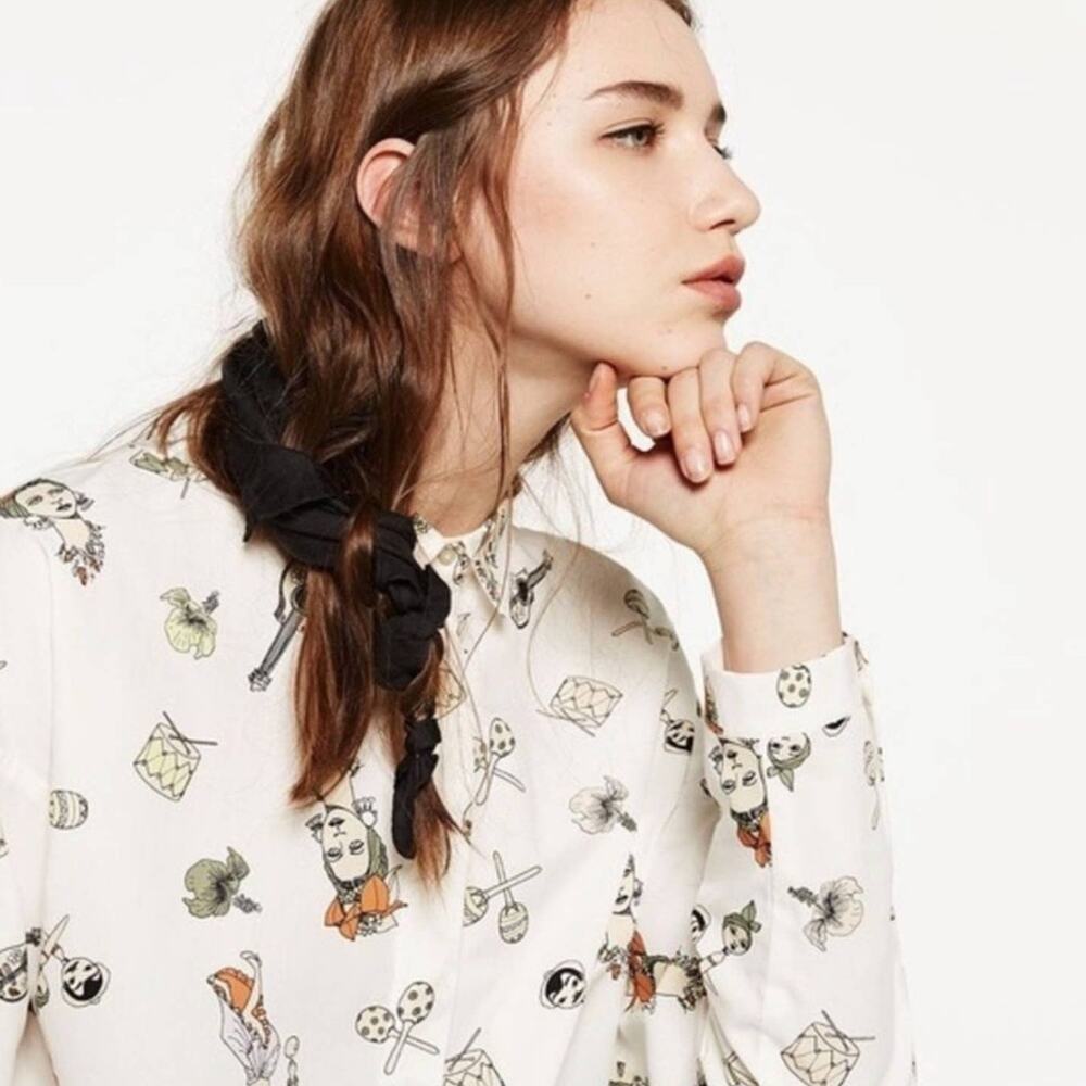 ZARA Carmen Miranda fun summer novelty print cotton button up shirt size xs